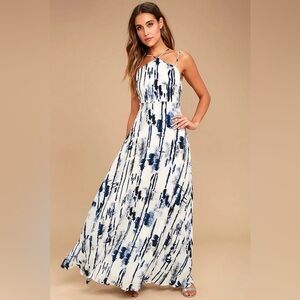 Lulus Sea Me Now Maxi Dress Size S Blue White Strappy Halter Neck